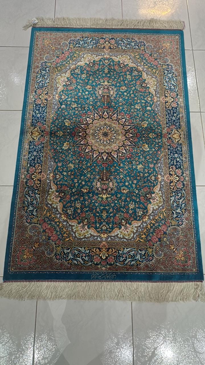 Handmade Qum Pure Silk Carpet – 1.50m x 1.00m | Iranian Luxury with Turquoise Elegance